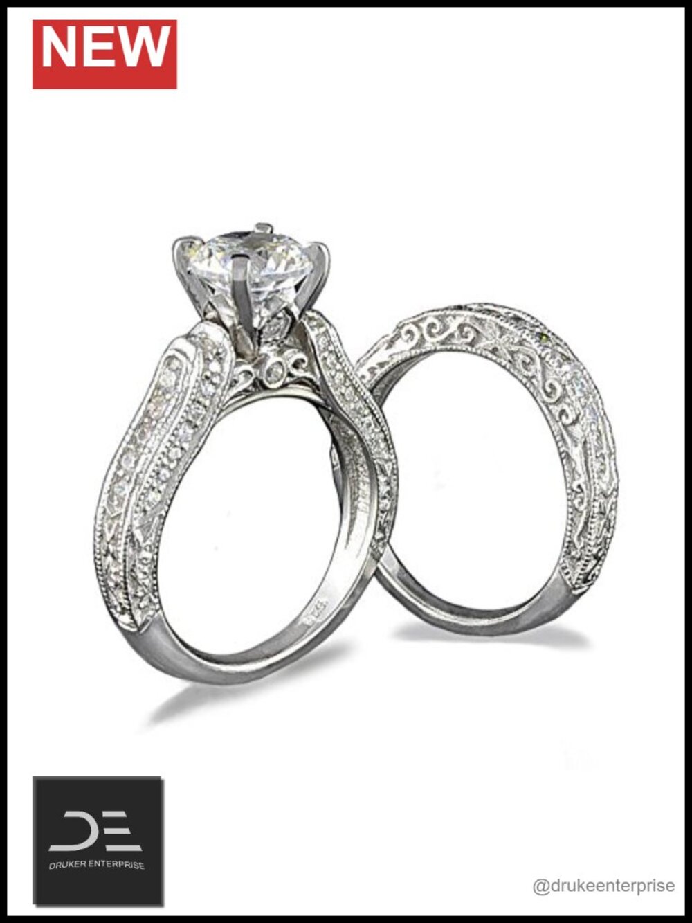 Victorian 2 Carat Simulated Diamond Ring Set 925 Sterling Silver Platinum Plated